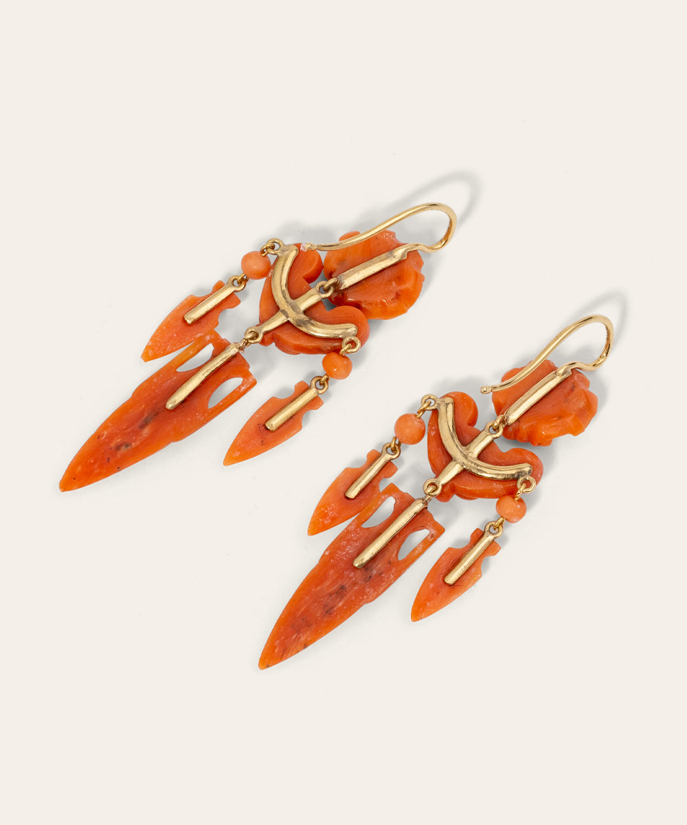 Victorian Coral and Yellow Gold Drop Earrings