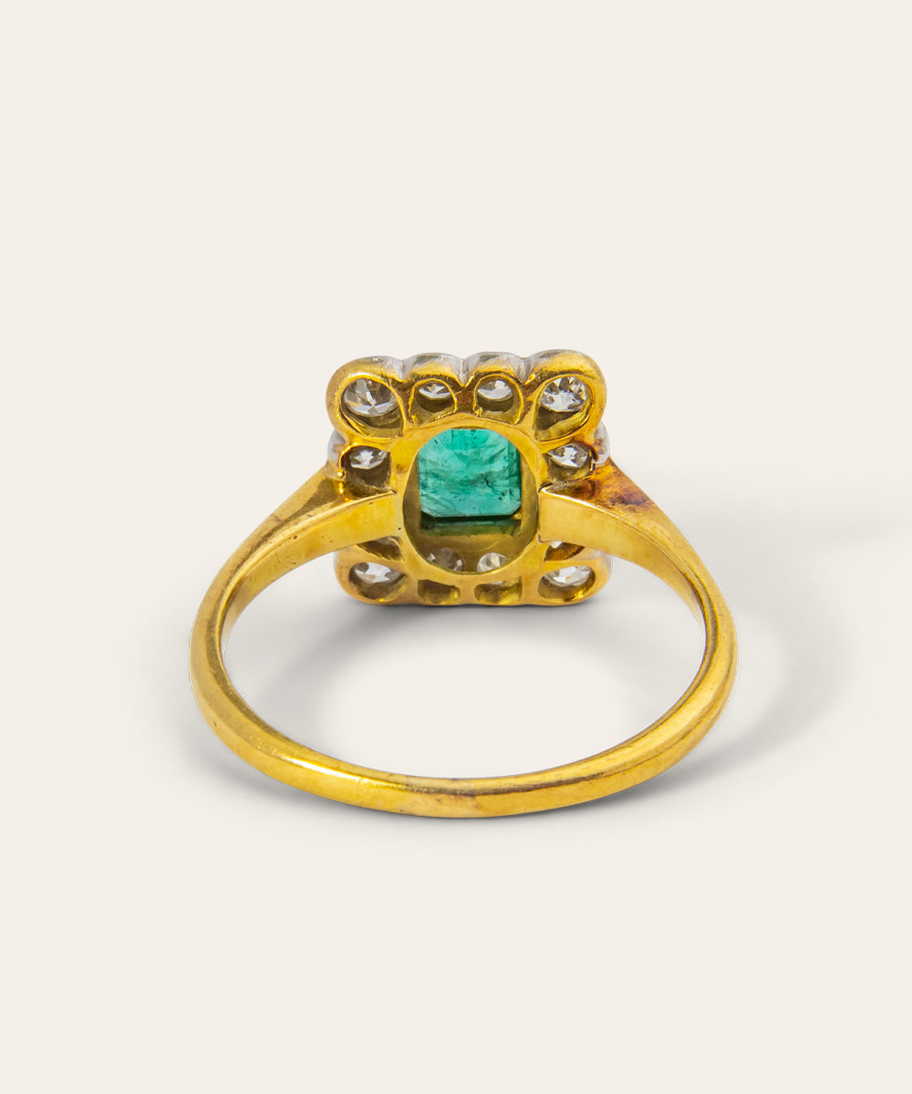 Antique Platinum, Yellow Gold, Emerald, and Diamond Ring