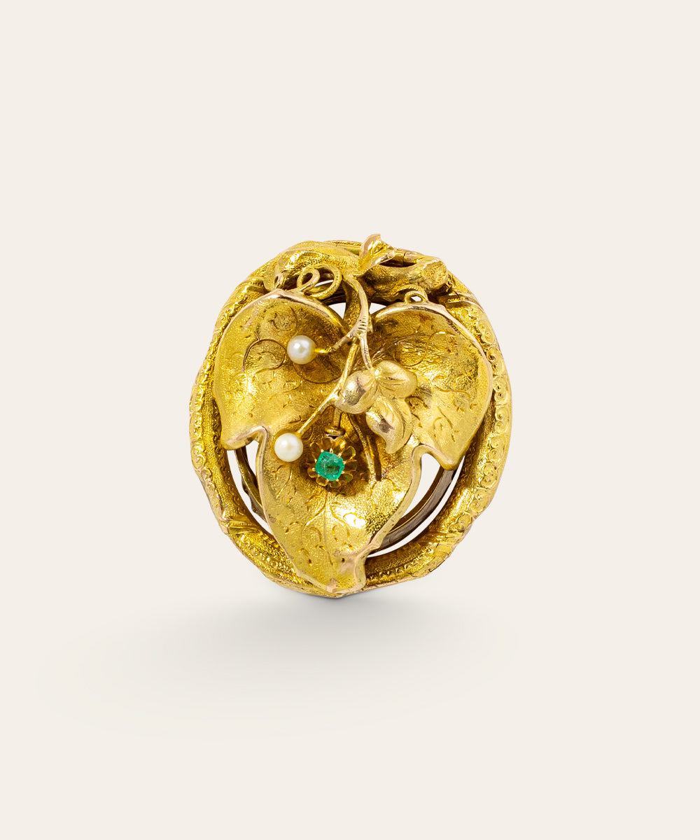 Victorian Yellow Gold, Emerald, and Pearl Brooch