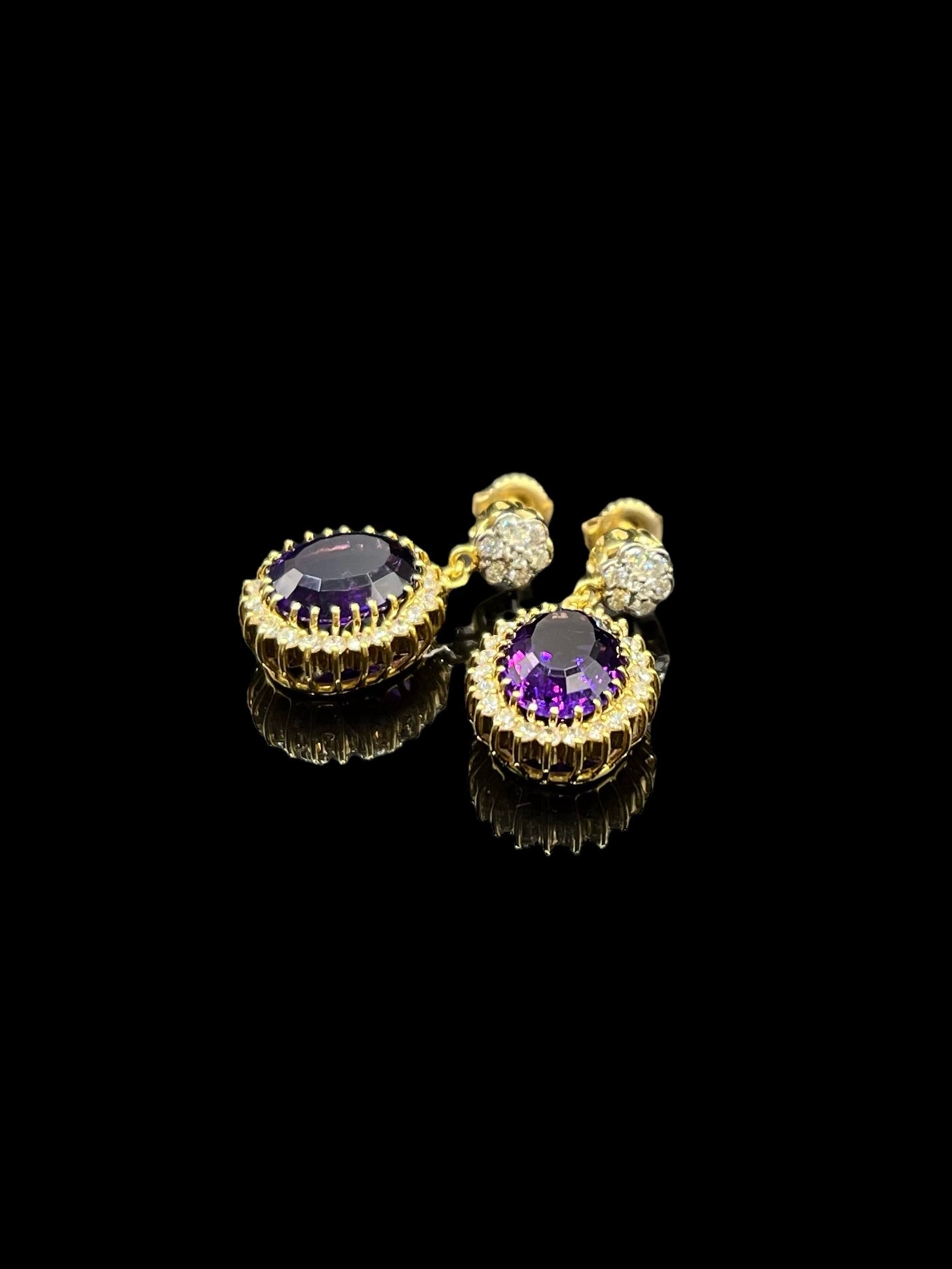 Vintage Yellow Gold Amethyst & Diamond Dress Drop Earrings