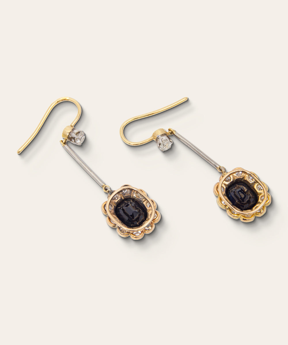 Antique Pair of Gold, Sapphire, & Diamond Drop Earrings