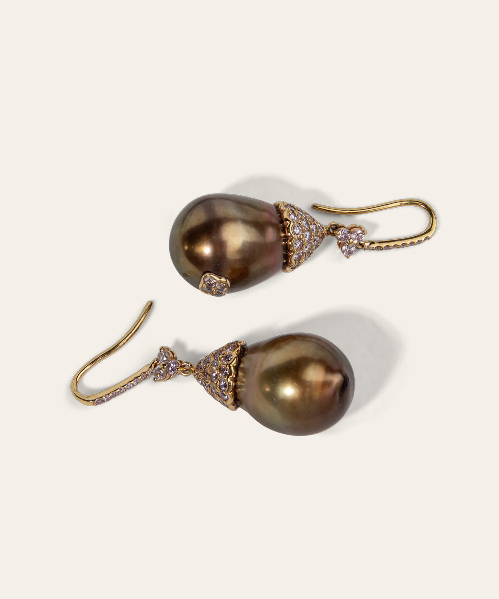 Rose Gold, Pearl, and Diamond Drop Earrings