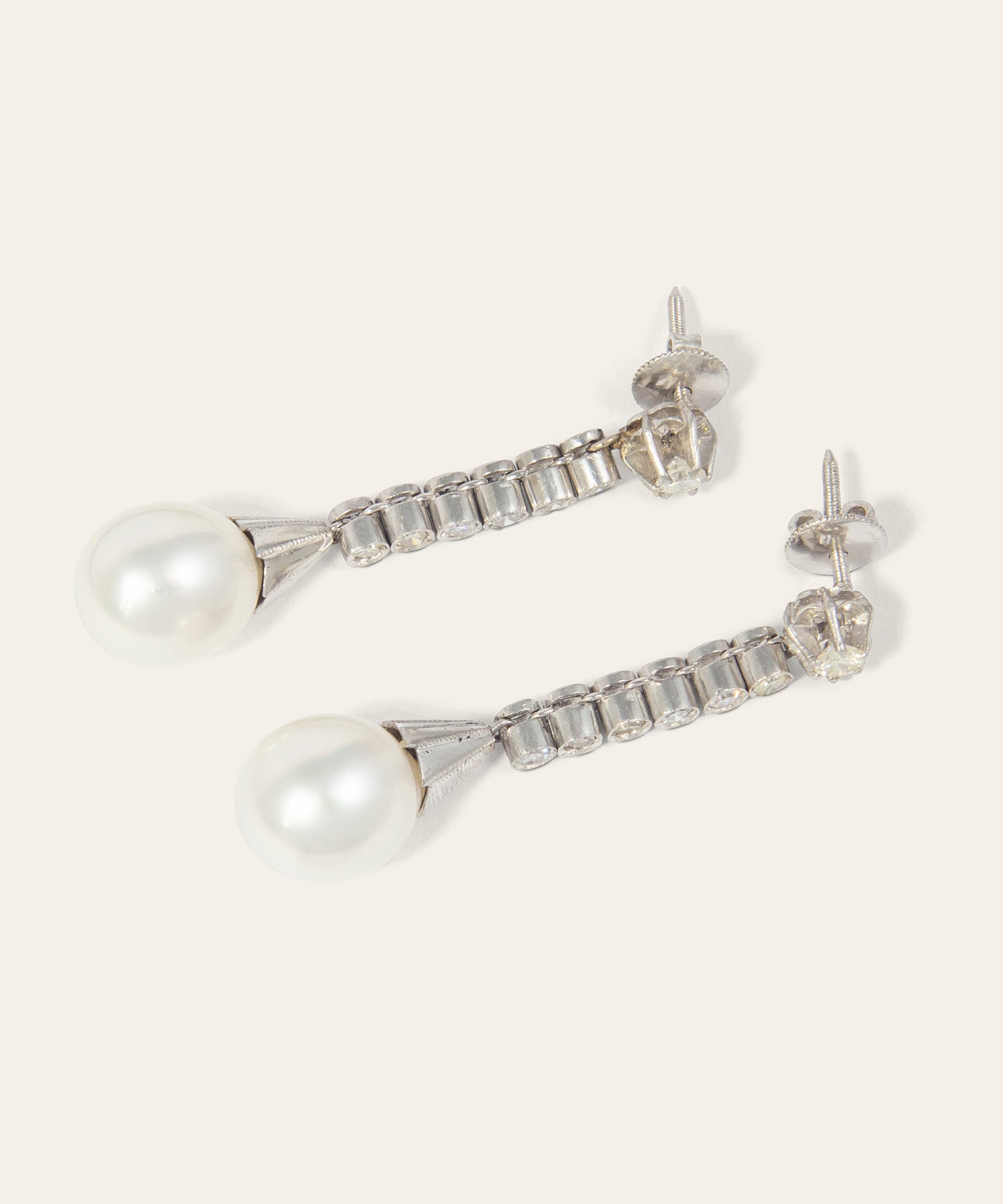 Vintage Platinum Pearl & Diamond Drop Earrings