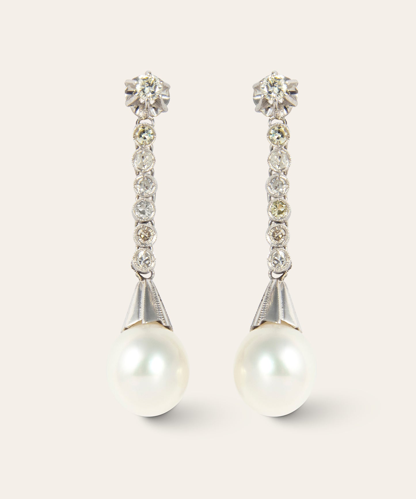 Vintage Platinum Pearl & Diamond Drop Earrings
