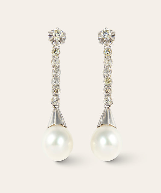 Vintage Platinum Pearl & Diamond Drop Earrings