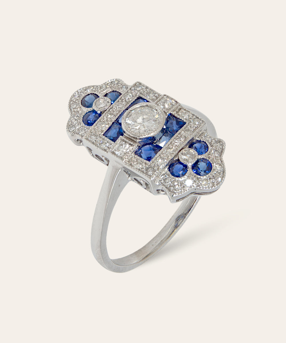 Art Deco Sapphire, Diamond, 18ct White Gold Ring