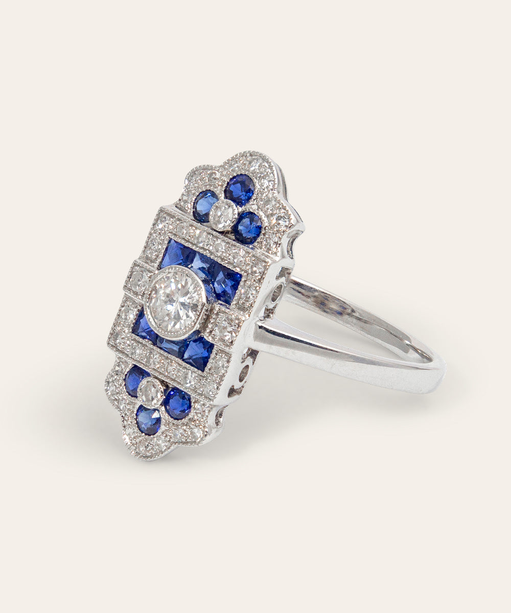 Art Deco Sapphire, Diamond, 18ct White Gold Ring