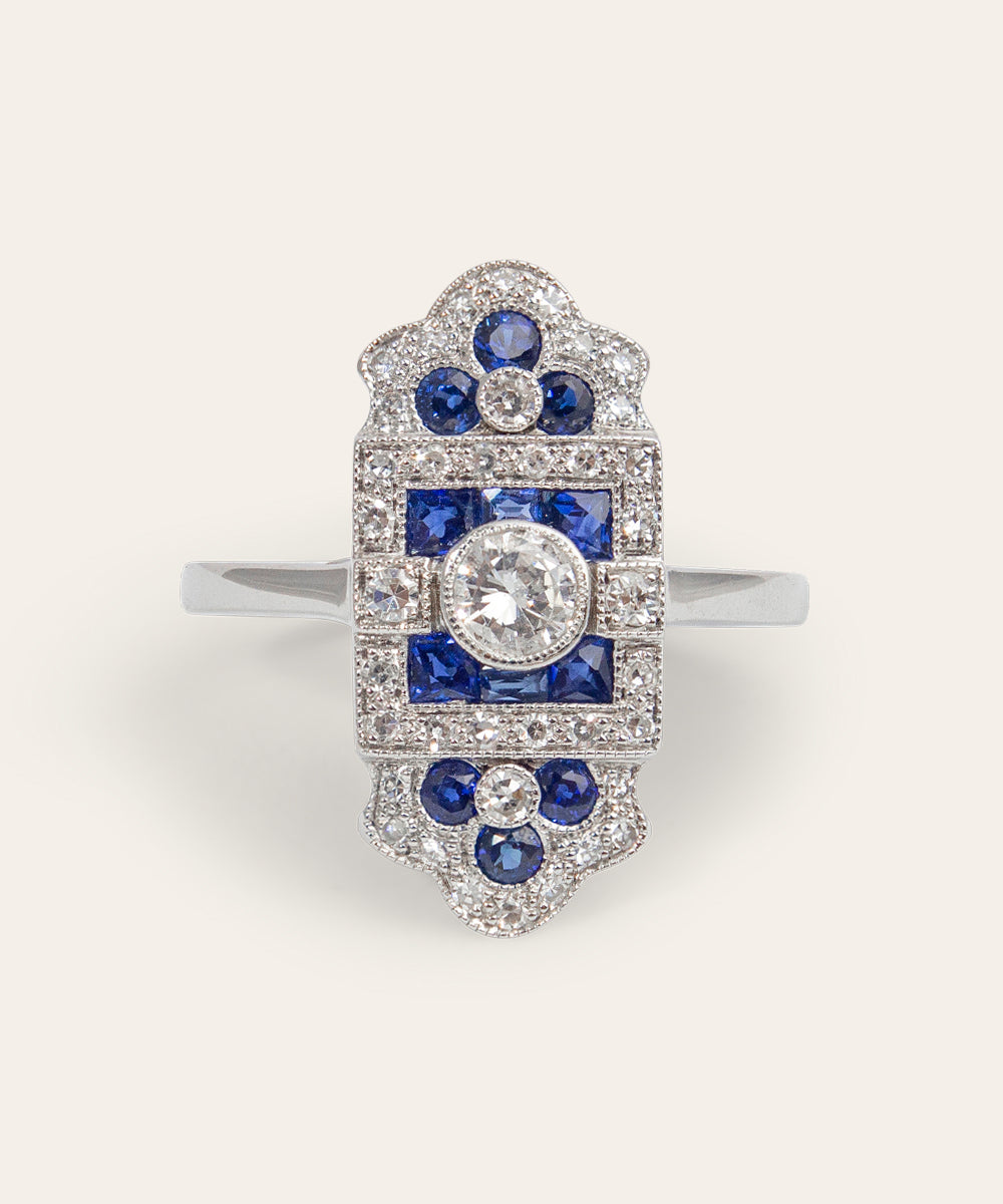 Art Deco Sapphire, Diamond, 18ct White Gold Ring