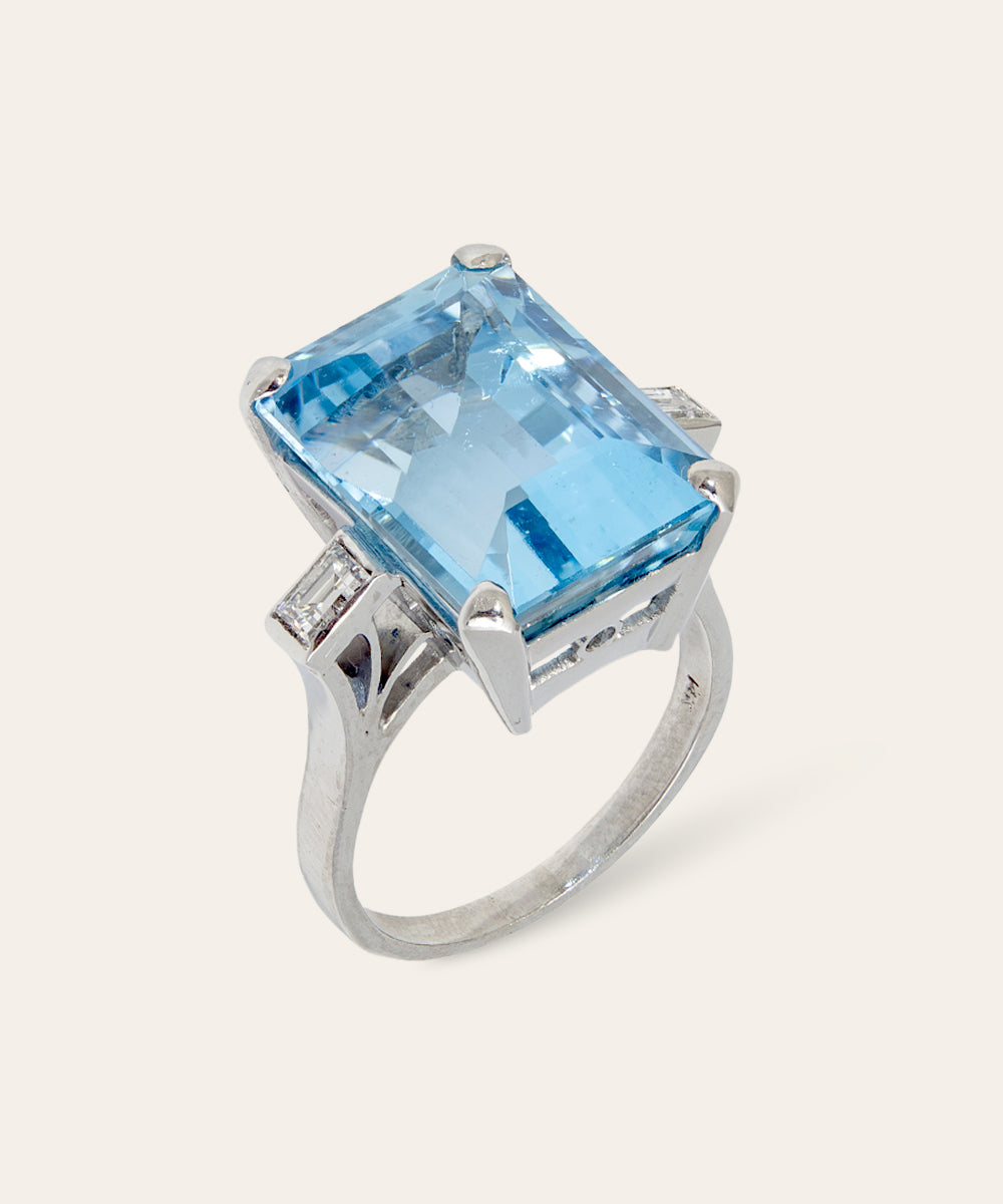 Vintage Aquamarine, Diamond, 14ct White Gold Cocktail Ring