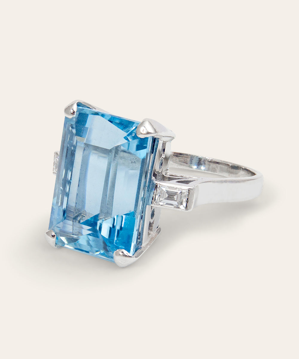 Vintage Aquamarine, Diamond, 14ct White Gold Cocktail Ring