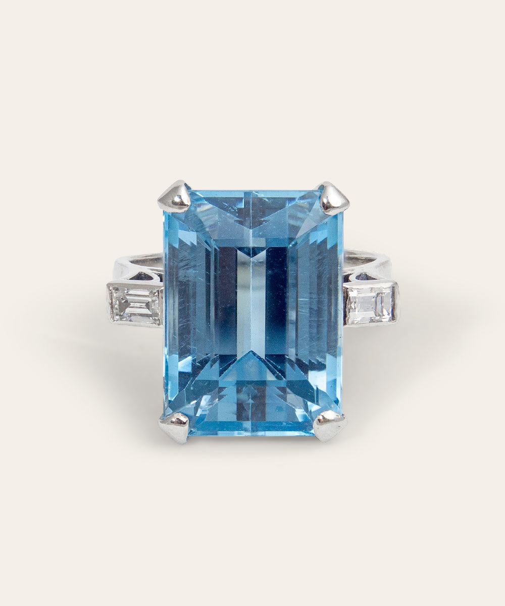 Vintage Aquamarine, Diamond, 14ct White Gold Cocktail Ring