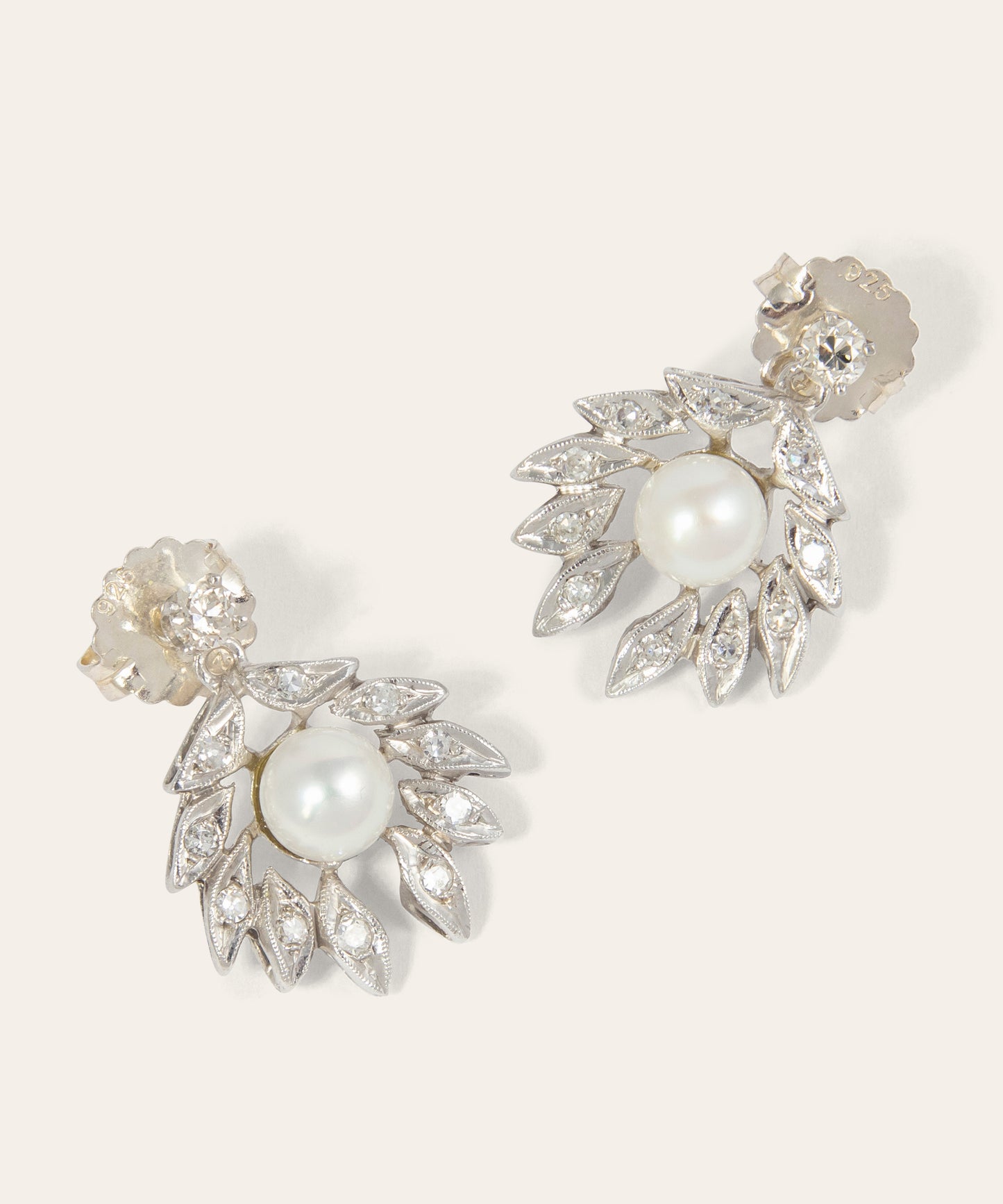 Vintage White Gold Akoya Pearl & Diamond Stud Earrings