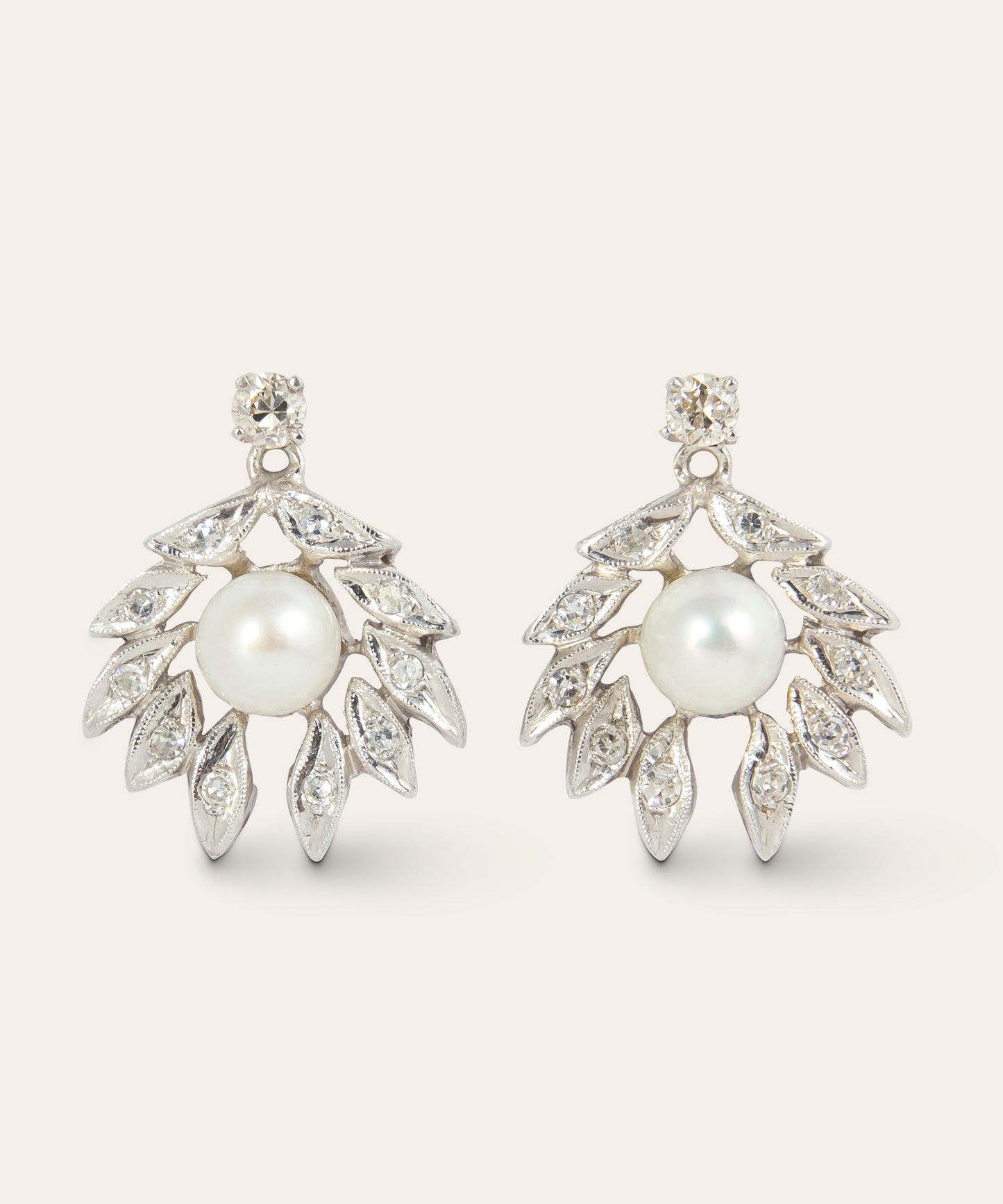 Vintage White Gold Akoya Pearl & Diamond Stud Earrings