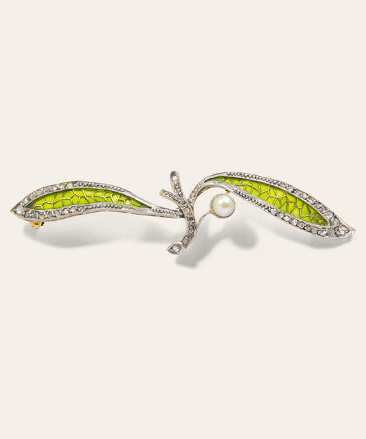 Vintage Platinum & Yellow Gold Plique-à-jour Diamond Enamel Brooch