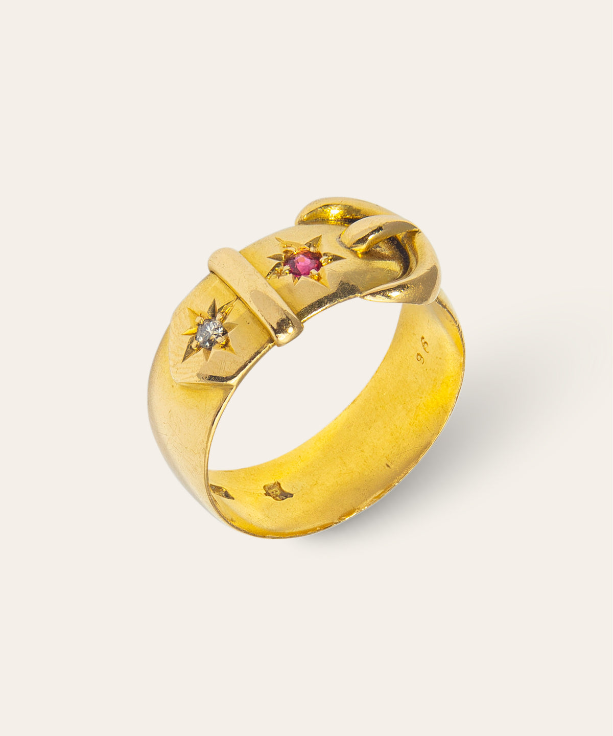 Antique 18ct Yellow Gold, Diamond, Ruby Buckle Ring