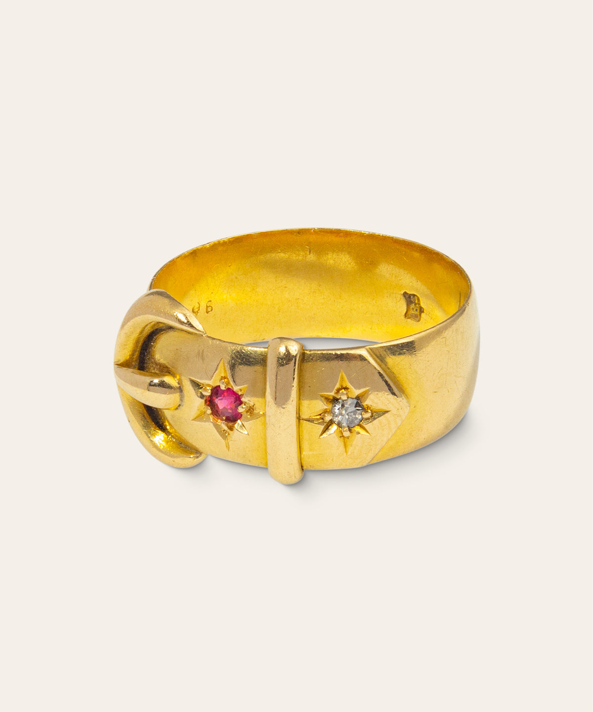 Antique 18ct Yellow Gold, Diamond, Ruby Buckle Ring