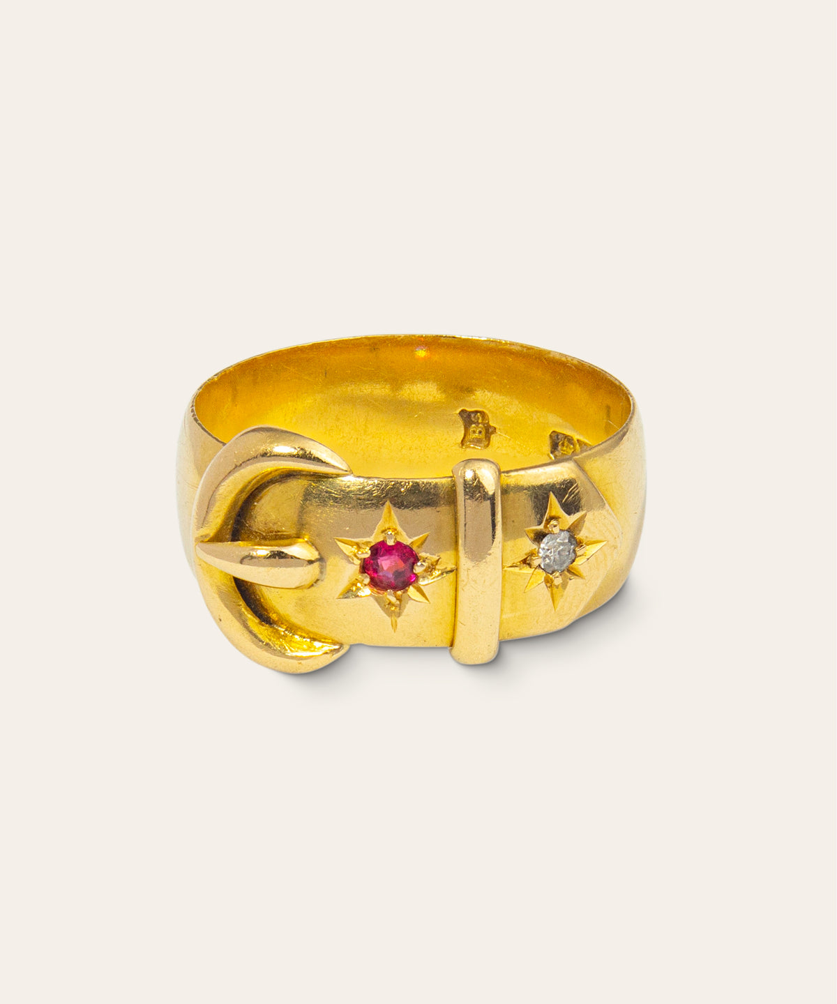 Antique 18ct Yellow Gold, Diamond, Ruby Buckle Ring
