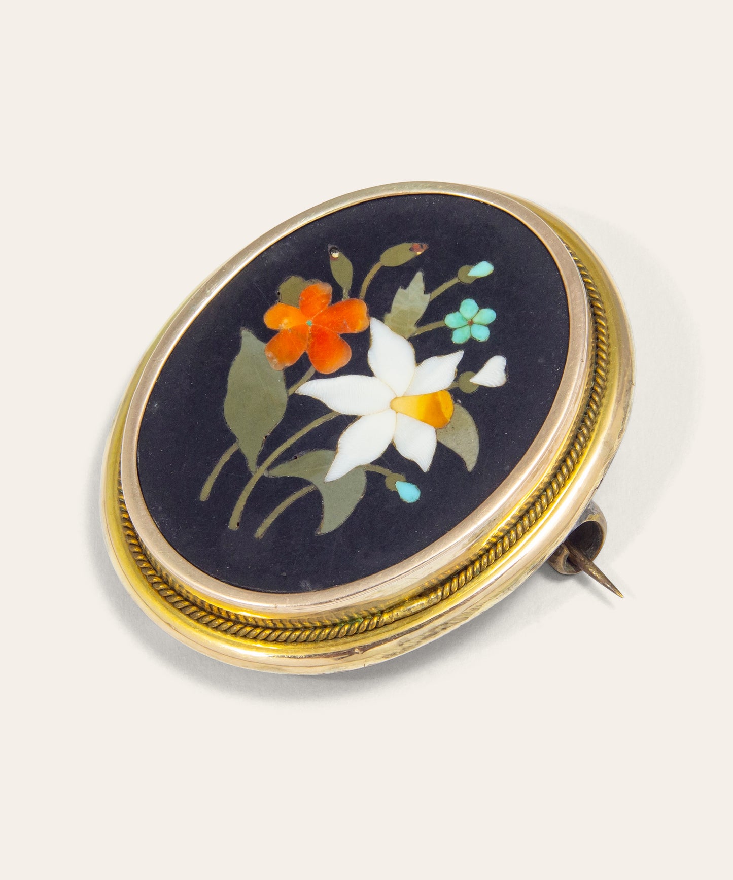Antique Pietra Dura and Gold Brooch