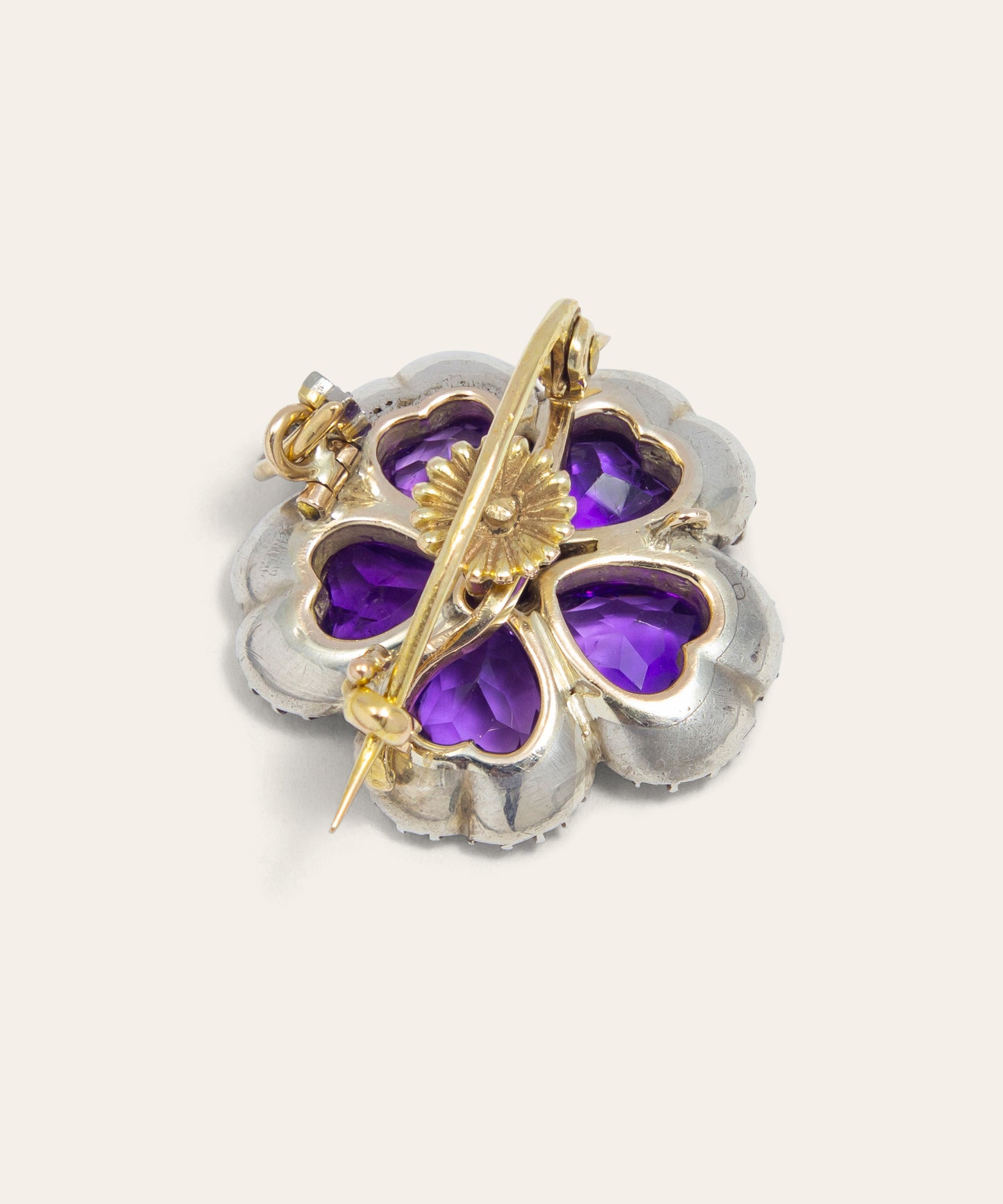 Antique Yellow Gold Amethyst & Diamond Flower Brooch