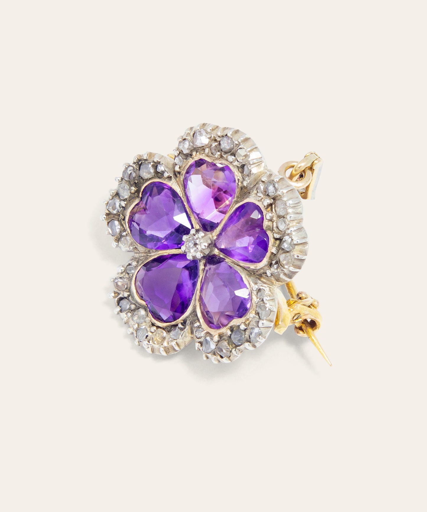 Antique Yellow Gold Amethyst & Diamond Flower Brooch
