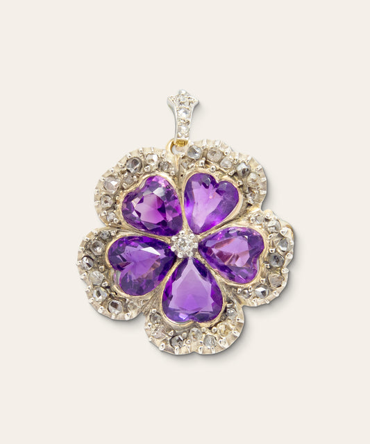Antique Yellow Gold Amethyst & Diamond Flower Brooch