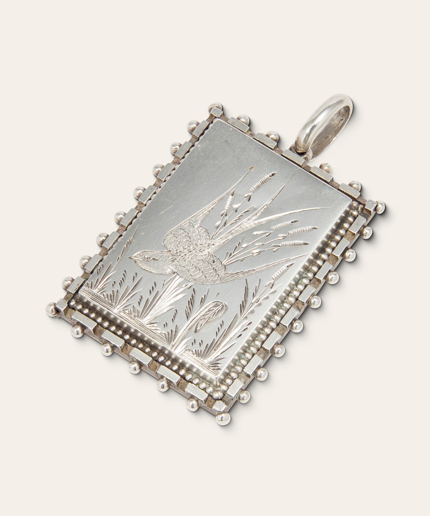 Antique Victorian Silver Sparrow Engraved Rectangular Locket