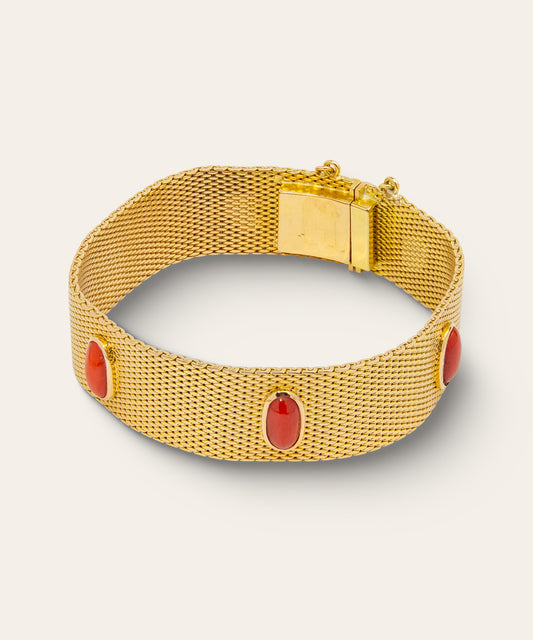Vintage Coral & Yellow Gold Mesh Bracelet