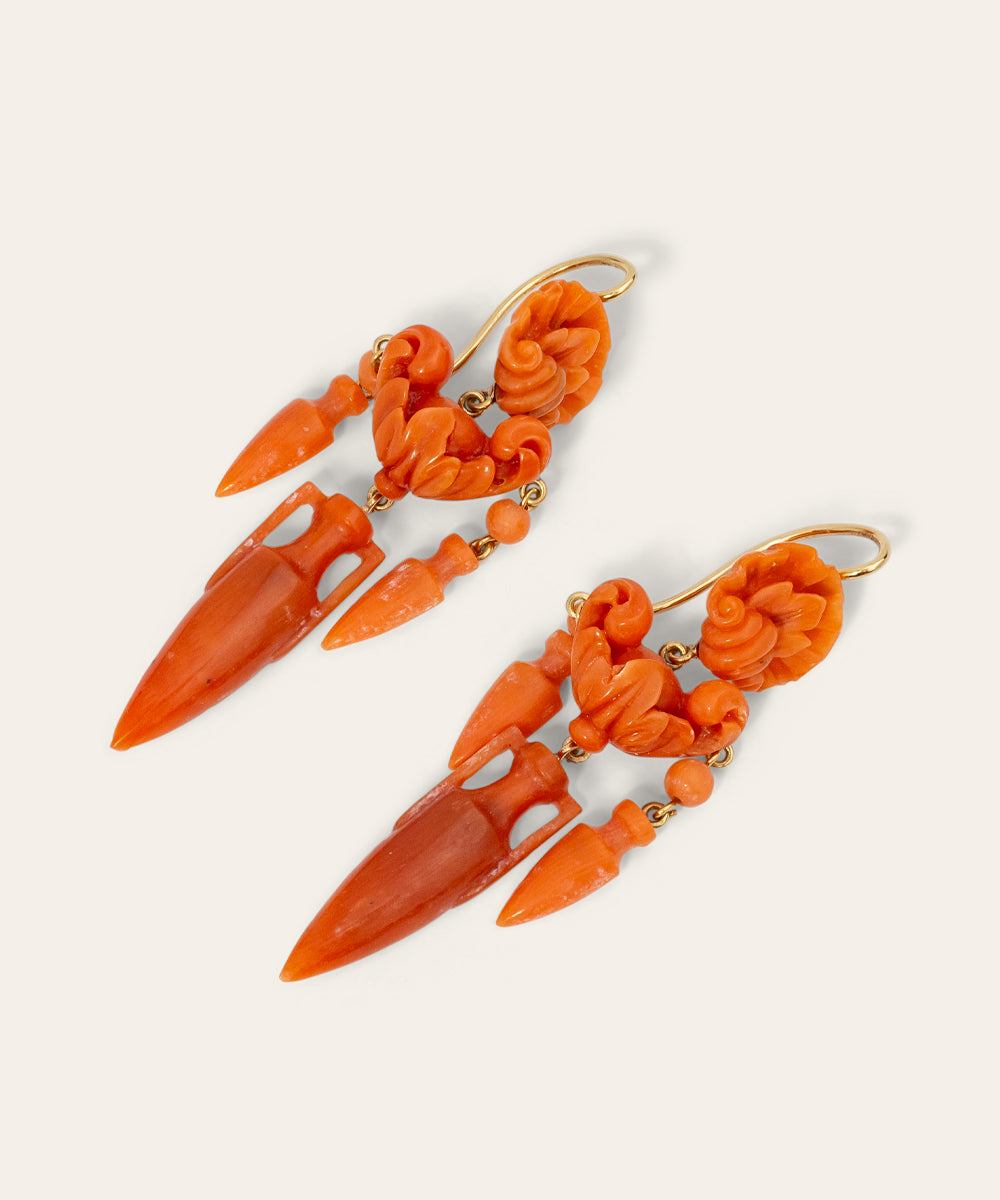 Victorian Coral and Yellow Gold Drop Earrings