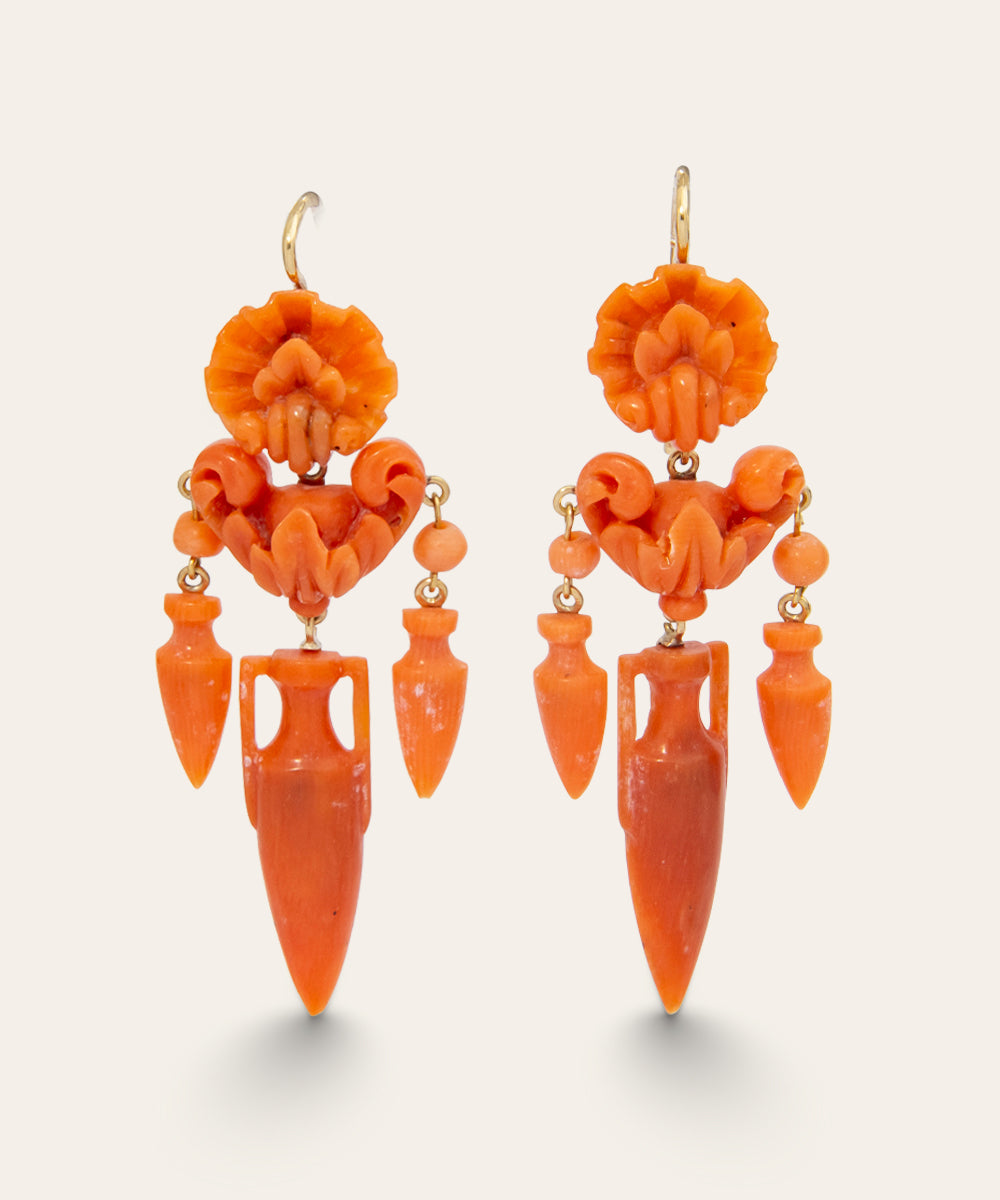 Victorian Coral and Yellow Gold Drop Earrings