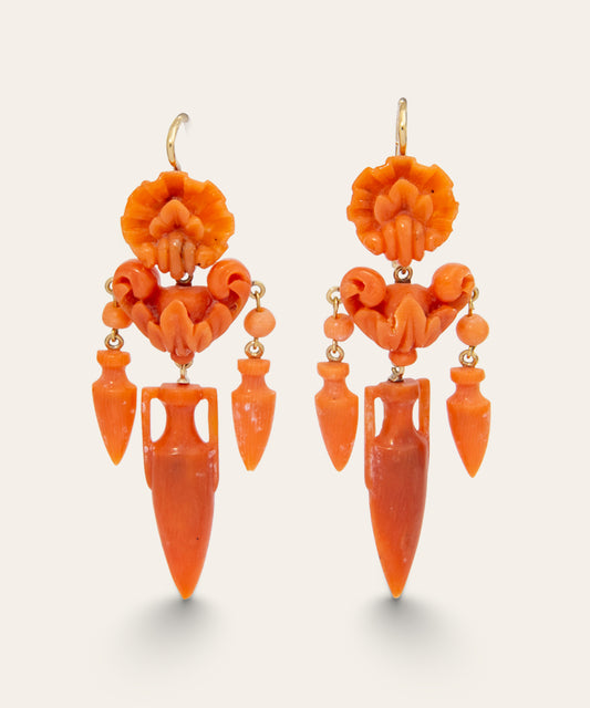 Victorian Coral and Yellow Gold Drop Earrings