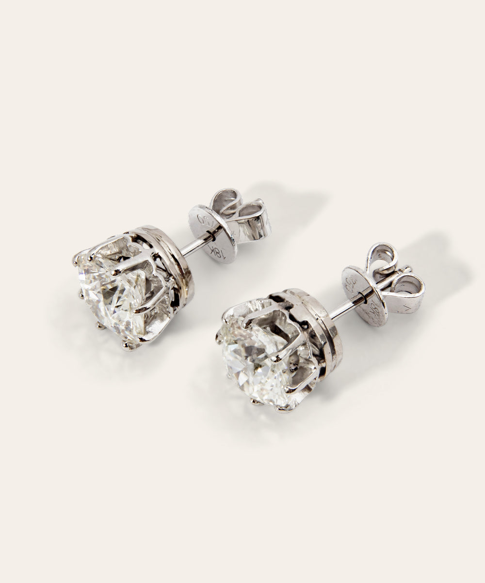 Platinum and Antique Transitional Cut Diamond Stud Earrings