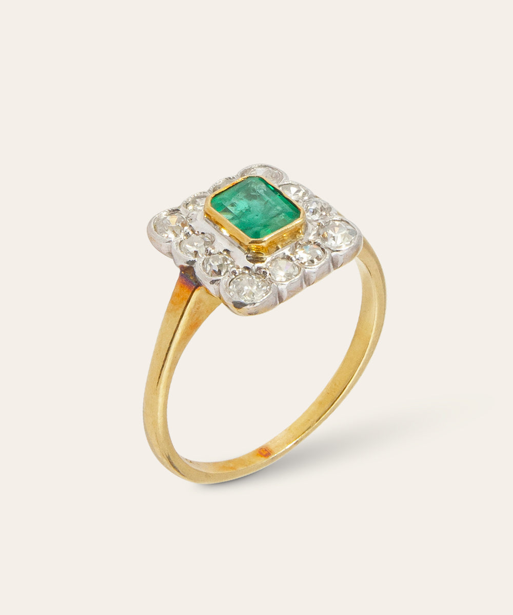Antique Platinum, Yellow Gold, Emerald, and Diamond Ring