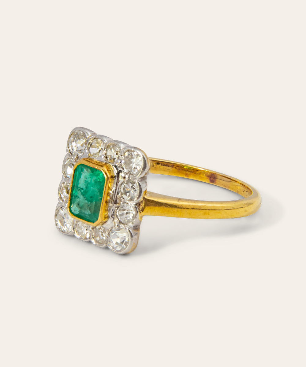 Antique Platinum, Yellow Gold, Emerald, and Diamond Ring
