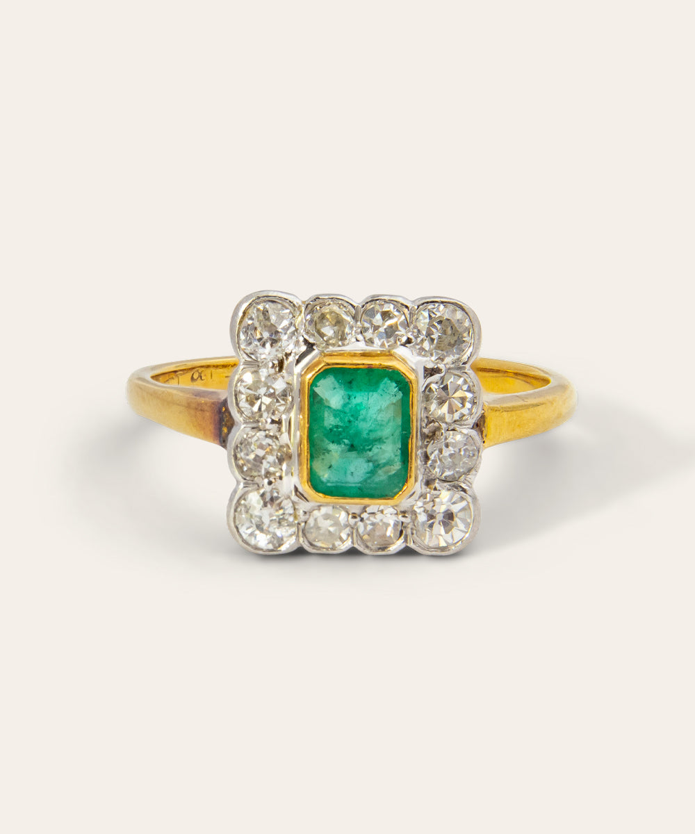 Antique Platinum, Yellow Gold, Emerald, and Diamond Ring