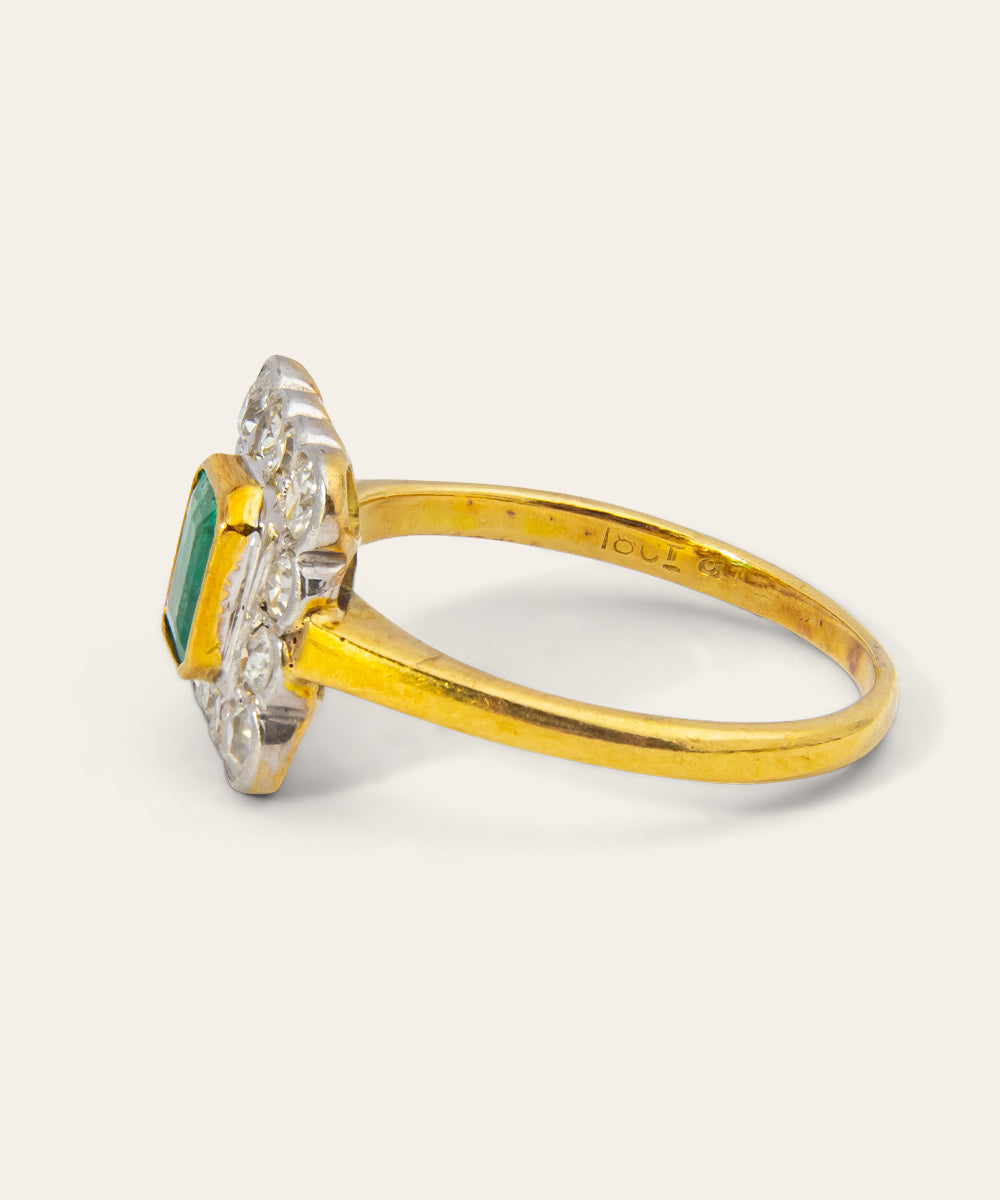 Antique Platinum, Yellow Gold, Emerald, and Diamond Ring