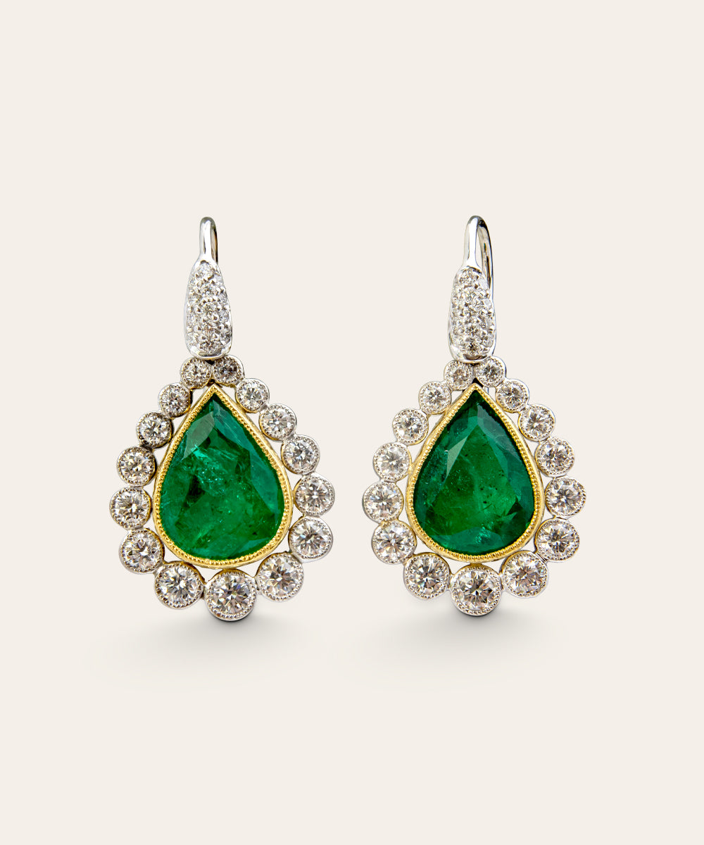 Pair of Emerald and Diamond Drop Earrings