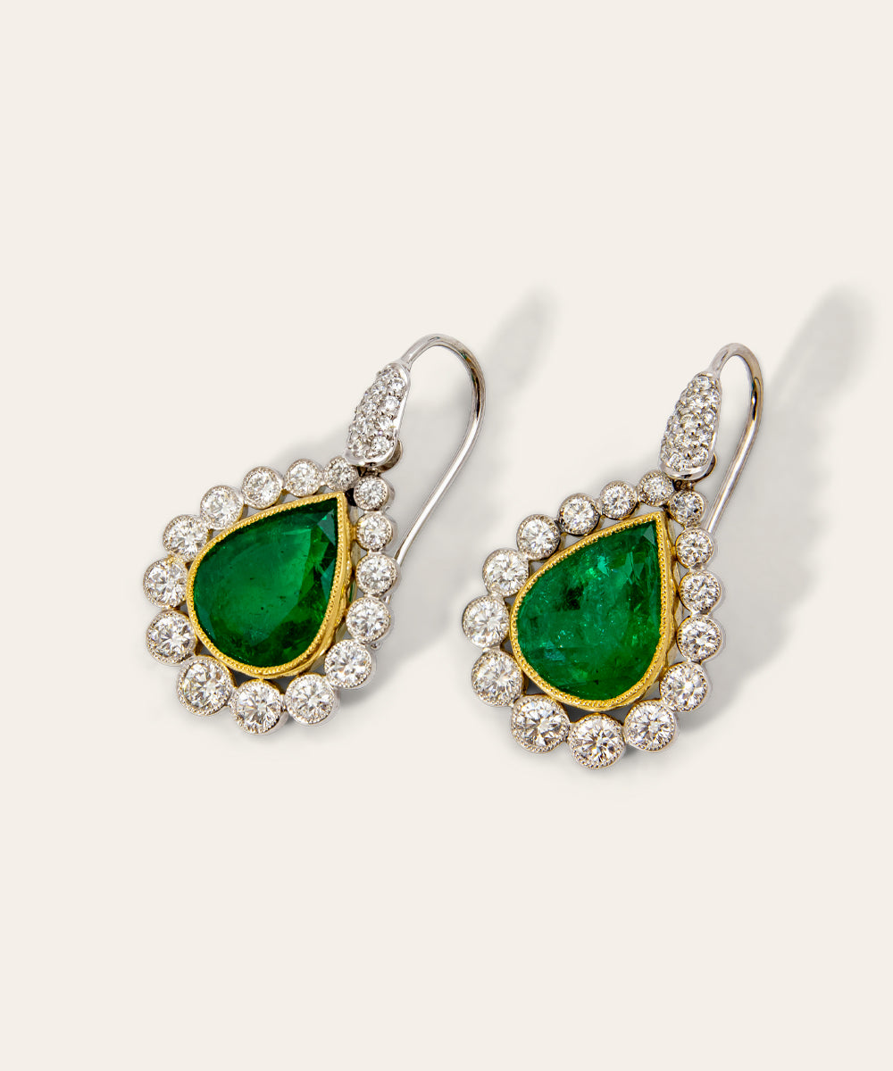 Pair of Emerald and Diamond Drop Earrings