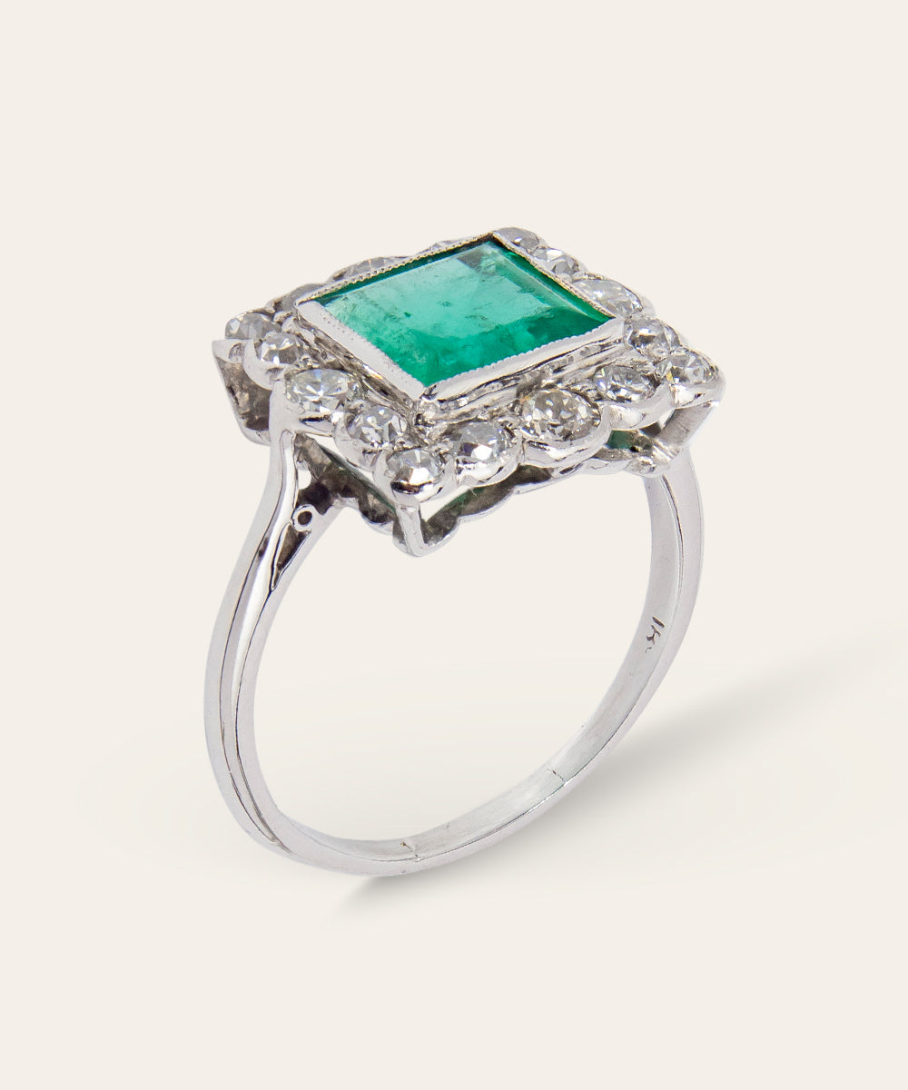 Antique White Gold, Emerald, & Diamond Ring