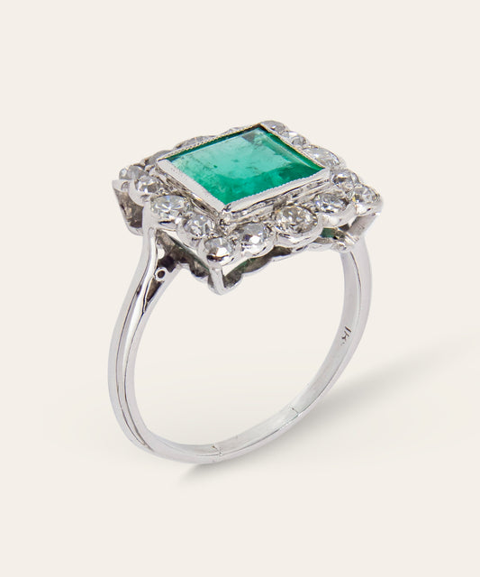 Antique White Gold, Emerald, & Diamond Ring
