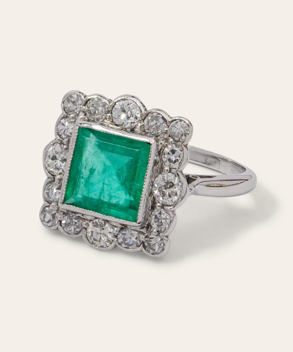 Antique White Gold, Emerald, & Diamond Ring