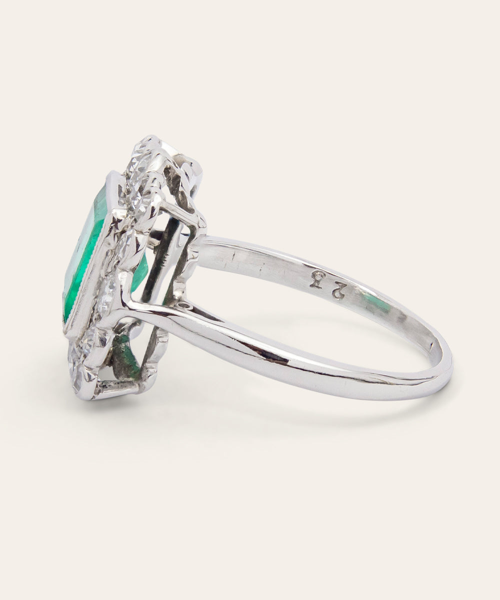 Antique White Gold, Emerald, & Diamond Ring