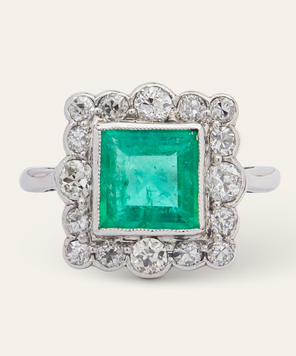 Antique White Gold, Emerald, & Diamond Ring