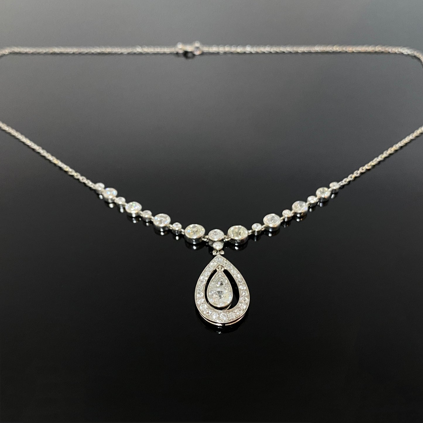 Antique Edwardian Era, Platinum Diamond Drop Necklace