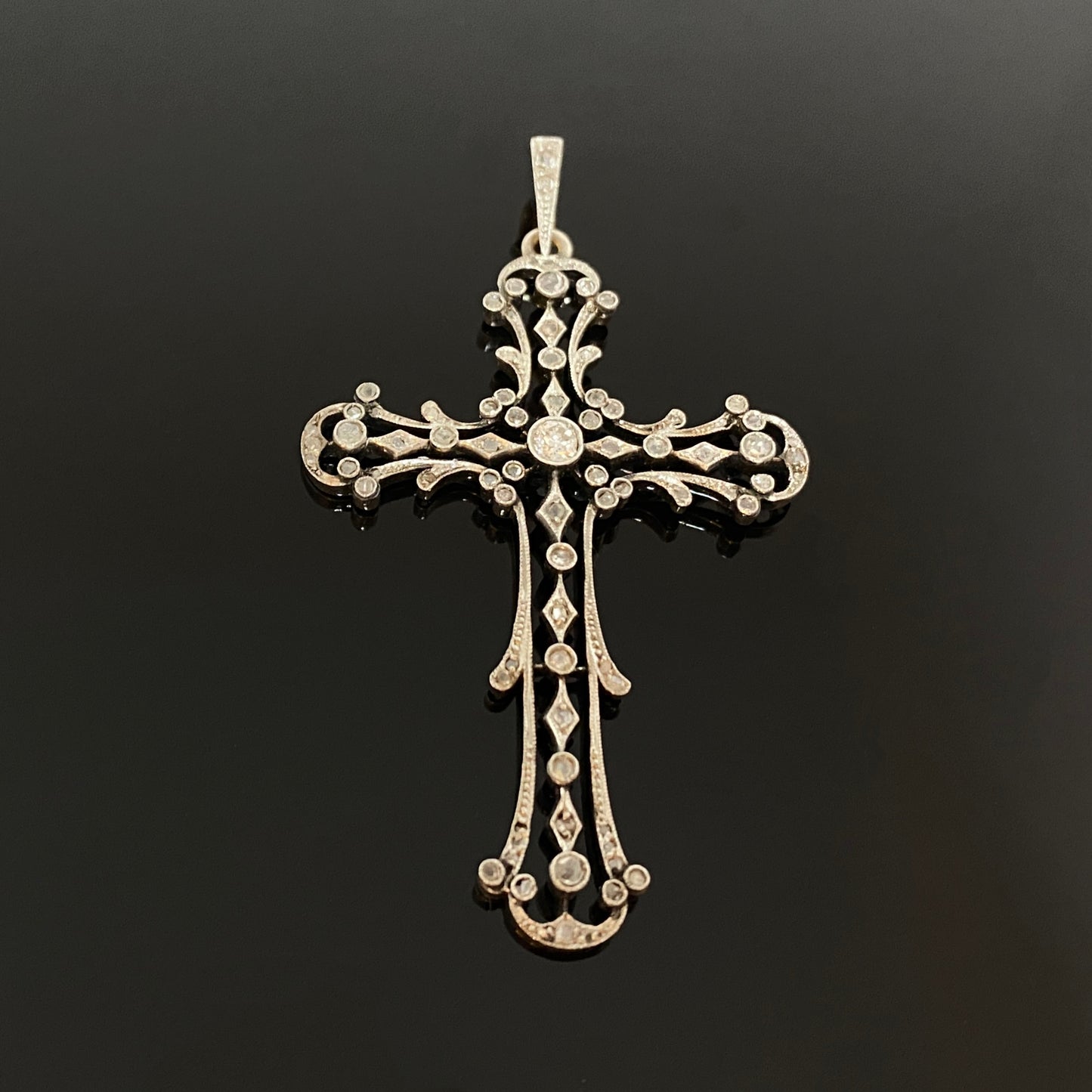 Antique Edwardian Yellow Gold & Platinum Diamond Lace Style Cross Pendant