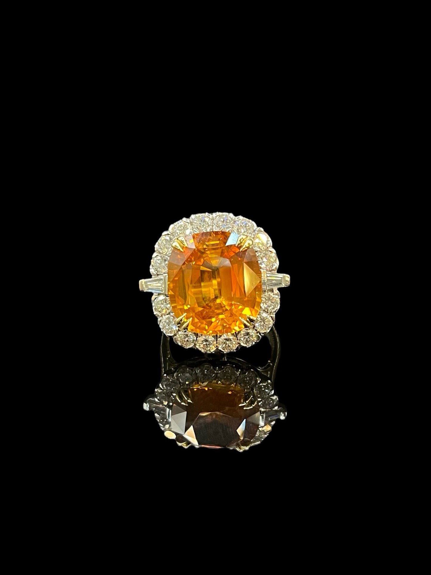 Modern Yellow & White Gold Vivid Orange Sapphire & Diamond Halo Cocktail Ring