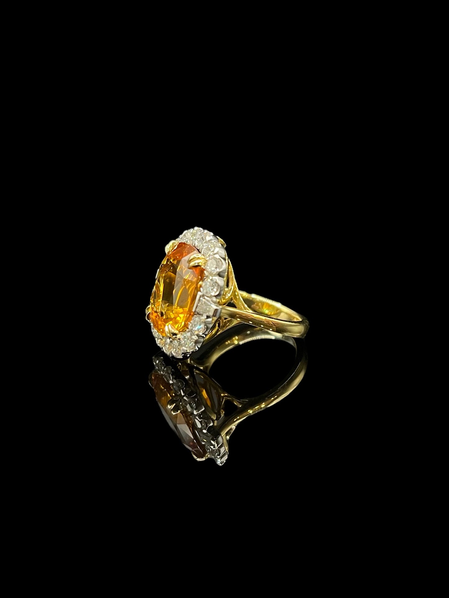 Modern Yellow & White Gold Vivid Orange Sapphire & Diamond Halo Cocktail Ring