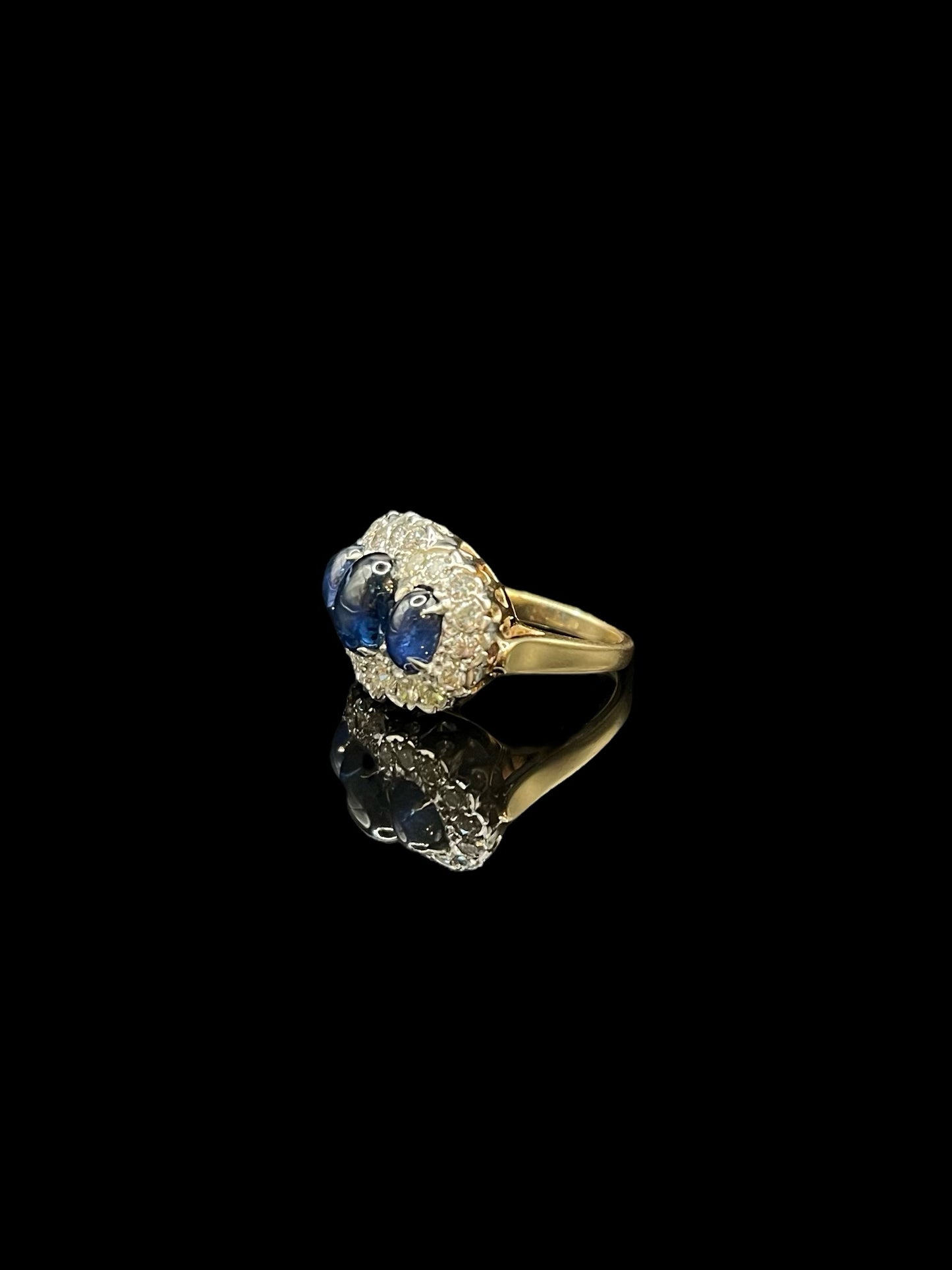 Antique Platinum & Yellow Gold Cabochon Sapphire & Diamond Trilogy Ring