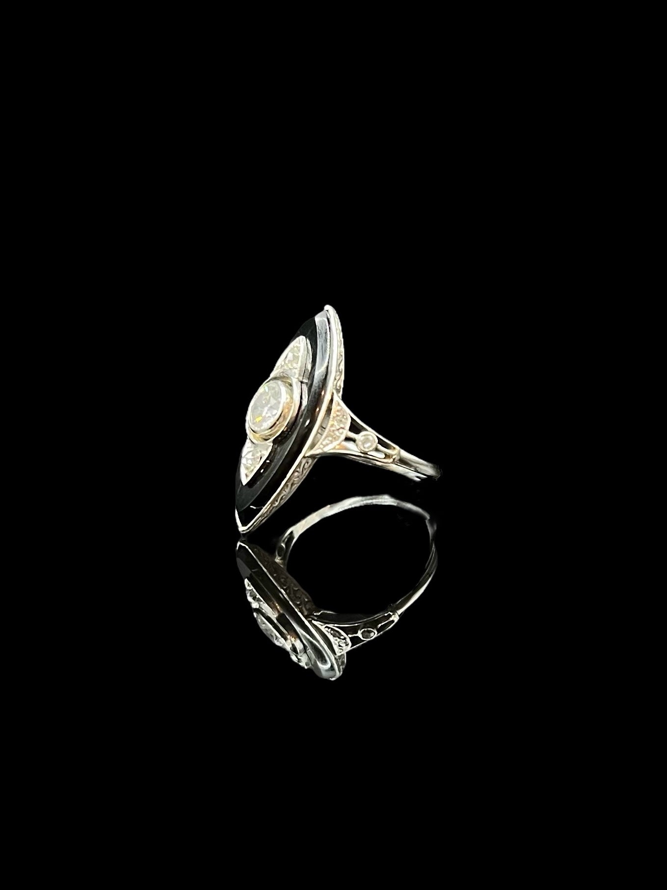 Antique Platinum Onyx & Diamond Plaque Ring