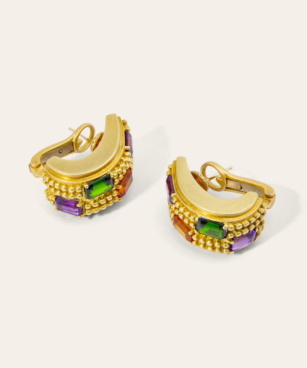 Vintage Yellow Gold and Semi-Precious Stone Clip Earrings
