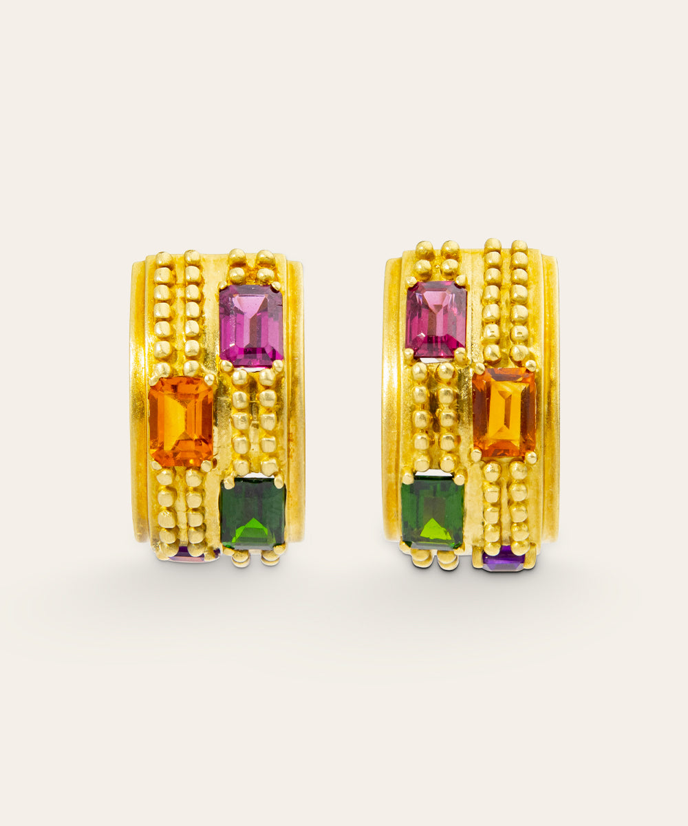 Vintage Yellow Gold and Semi-Precious Stone Clip Earrings